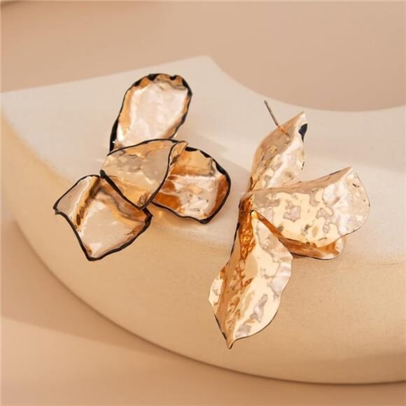 Big Statement Gold Flower Dangle Earrings – 14K Gold Plated Hammered Metal - Picture 6 of 6